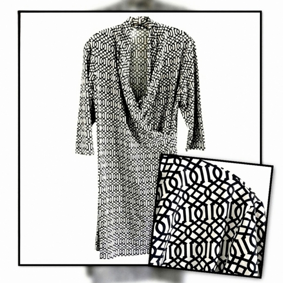 🛍SALE J.Mclaughlin Catalina Cloth Faux Wrap Geometric 3/4 Sleeve Dress. Sz. L - Picture 4 of 7